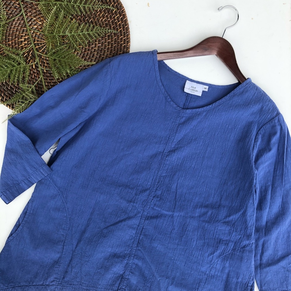 Hot Cotton Women’s Shirt Tunic Blue 3/4 Sleeve Lagenlook Medium Petite